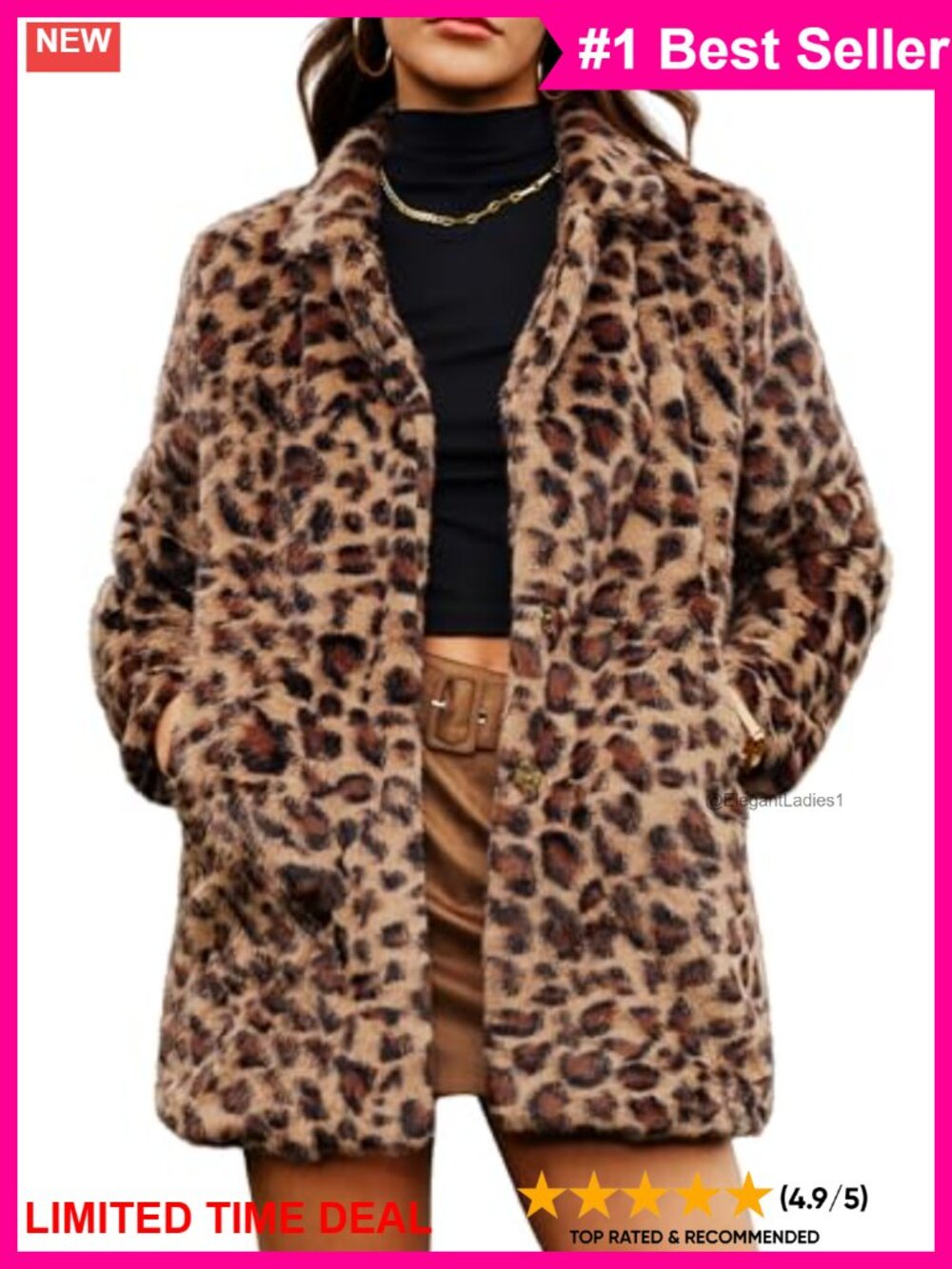 Faux Fur Long Winter Coat Leopard Print Notch Lapel Oversized